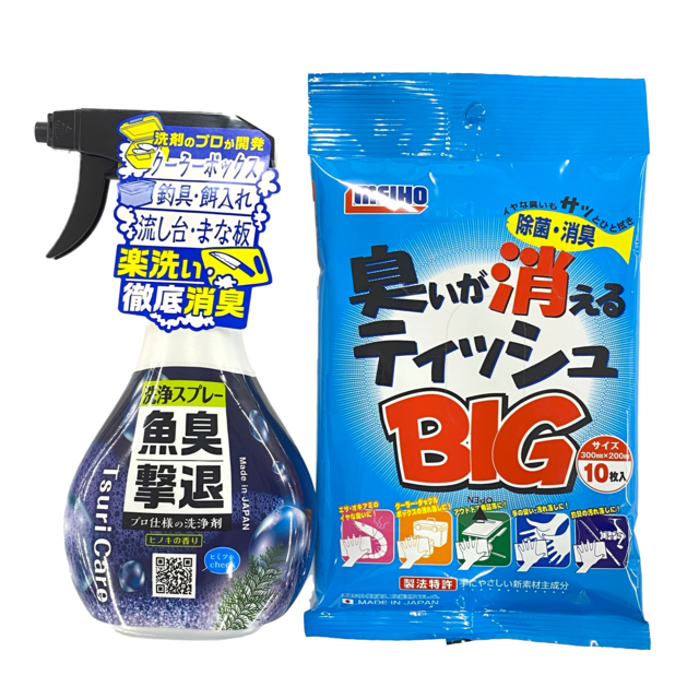 【明邦化学工業】臭いが消えるティッシュBIG ＆ 【タネ・マキ】つりケア 魚臭撃退洗浄スプレー